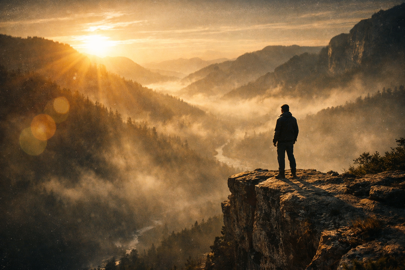 Cinematic AI video generated with Seedance 3.0 prompt showing dramatic cliff scene at golden hour with misty valley