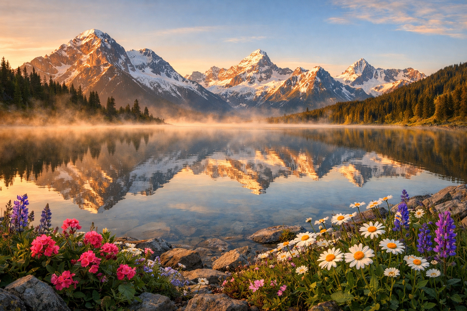 Nature landscape AI video generated with Seedance prompt showing alpine mountains reflected in crystal-clear lake at sunrise with wildflowers