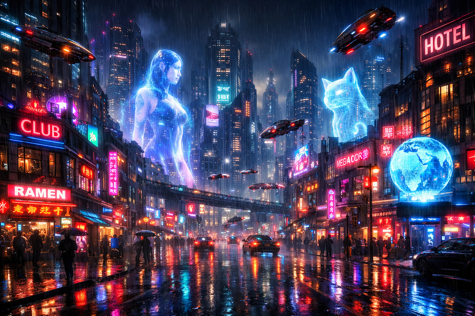 Sci-fi cyberpunk AI video generated with Seedance 3.0 prompt showing futuristic neon-lit cityscape at night with holograms and flying vehicles