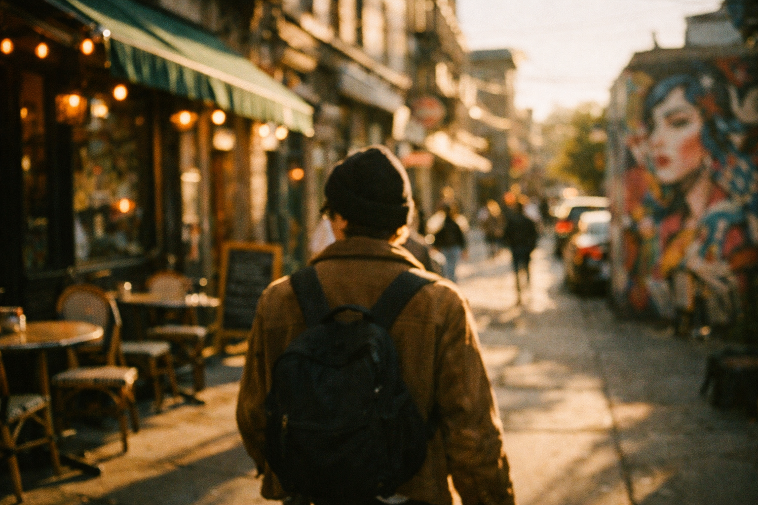 Urban street AI video generated with Seedance prompt showing person walking through trendy neighborhood with street art and golden hour lighting